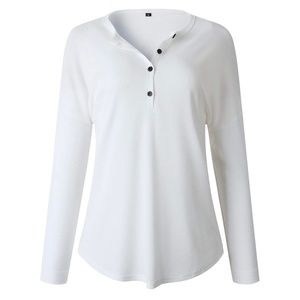 Waffle Knit Cozy White Henley with Long Sleeves and Curved Hem